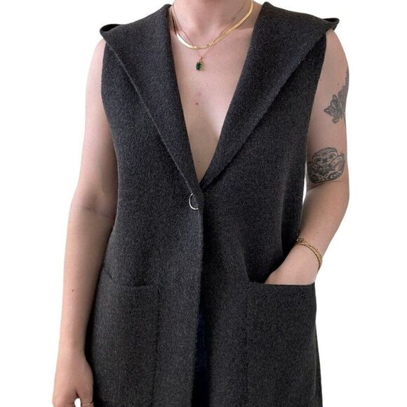 Womens Charcoal Gray Wool Blend Hooded Long Hippie Vest Jacket Sz M - Picture 2 of 8